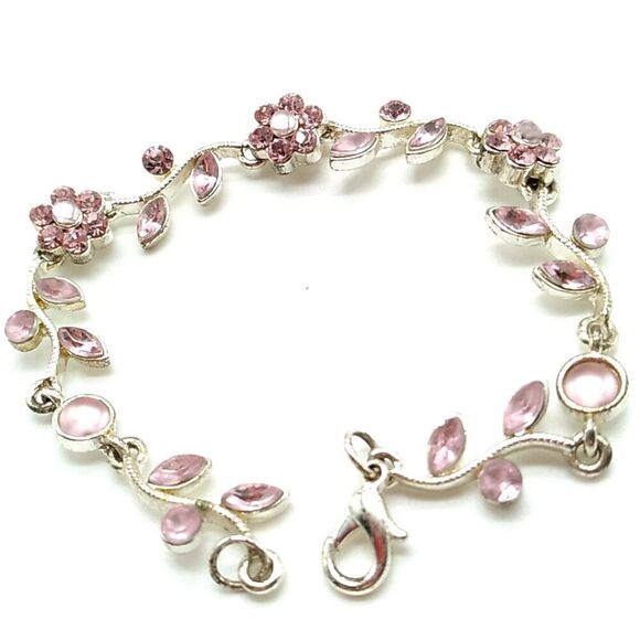 Dainty Pink Crystal Flower Vine Silver-tone Bracelet - Picture 11 of 12